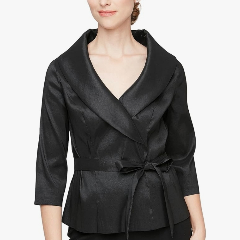 Alex Evenings Plus Size Taffeta Tie Waist Portrait Collar 3/4 Sleeve Top